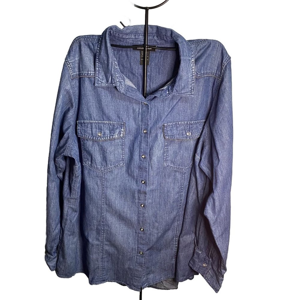 Ashley Stewart Chambray Size 18 Button Down Hi Lo Shirt Rodeo Farm Western Trim - Picture 2 of 11